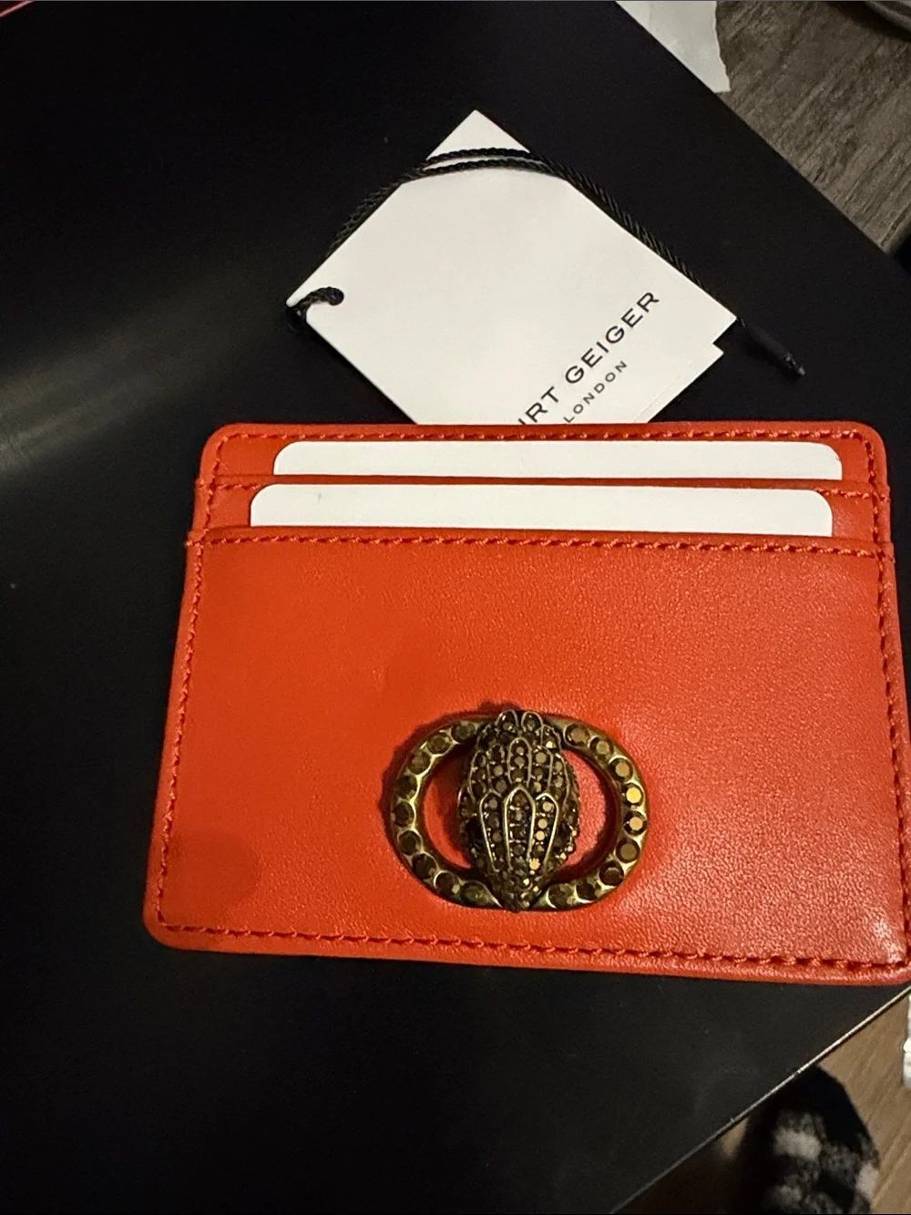 Kurt Geiger Orange Leather Card Holder with Decorative Gold Emblem